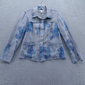 Coldwater Creek Womens Linen Jacket 10 Petite Gray‎ Blue Abstract Floral Shacket